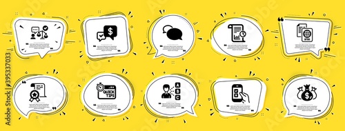 Education icons set. Speech bubble offer banners. Yellow coupon badge. Included icon as Certificate, Messenger, Passport document signs. Check investment, Payment received, Lawyer symbols. Vector