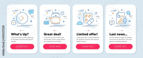 Set of Business icons, such as Teapot, Forward, Capsule pill symbols. Mobile screen app banners. Business report line icons. Tea kettle, Next direction, Medicine drugs. Employee statistics. Vector