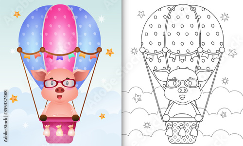 coloring book for kids with a cute pig on hot air balloon