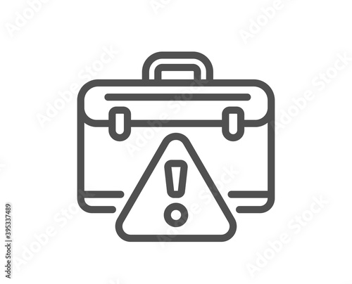 Warning briefcase line icon. Attention triangle sign. Caution diplomat symbol. Quality design element. Linear style warning briefcase icon. Editable stroke. Vector