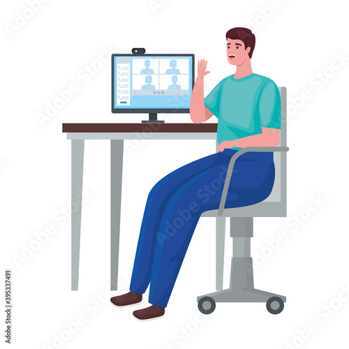 man using computer desktop for meeting online vector illustration design