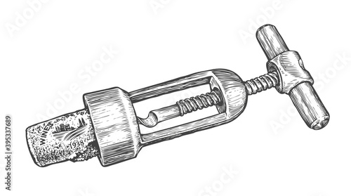 Corkscrew sketch. Wine opener vintage vector illustration