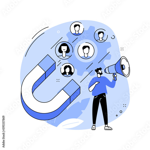 Find leads abstract concept vector illustration. Generate sales leads, digital marketing strategy, build brand awareness, find new customer, content creation, sales funnel abstract metaphor.