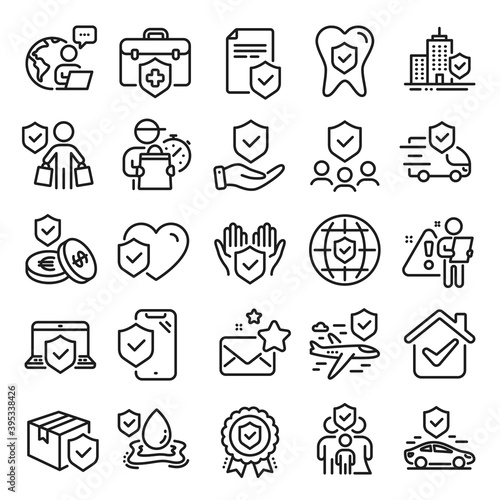 Insurance line icons. Health care, risk, help service. Car accident, flood insurance, flight protection icons. Safety document, money savings, delivery risk. Car full coverage. Line icon set. Vector