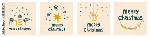 Christmas card set in doodle style on Set Sail Champagne background. Trendy colors of 2021. Festive Christmas card. Hand drawn vector illustration.