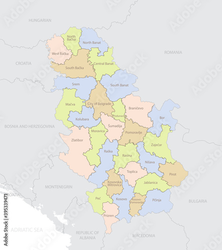 Serbia location map in Europe with administrative divisions of the country, detailed vector illustration