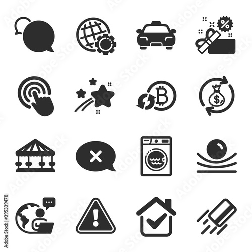 Set of Business icons, such as Money exchange, Refresh bitcoin, Laundry symbols. Click, Reject, Globe signs. Carousels, Credit card, Messenger. Taxi, Sale, Elastic material flat icons. Vector