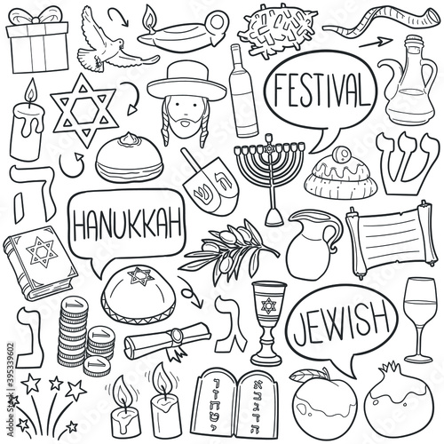 Hannukah doodle icon set. Jewish Festival Vector illustration collection. Religion Banner Hand drawn Line art style.