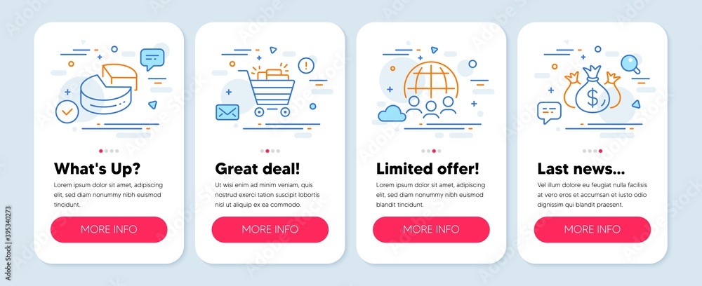 Set of line icons, such as Shopping cart, Pie chart, Global business symbols. Mobile app mockup banners. Check investment line icons. Gifts, 3d graph, Outsourcing. Business report. Vector