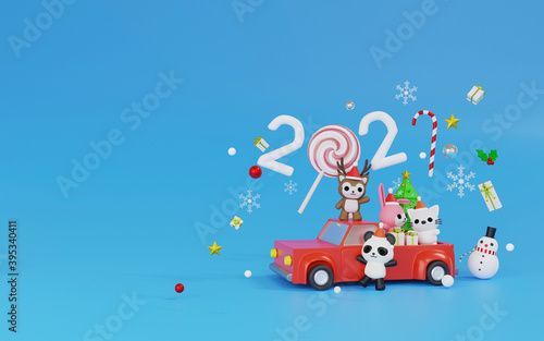 3d rendering character on red car minimal theme Merry christmas and happy new year 2021.