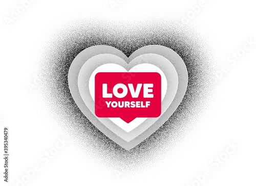 Love yourself motivation quote. Love heart dotwork background. Motivational slogan. Inspiration message. Dotted heart banner. Valentines day love symbol. Love yourself bubble. Vector