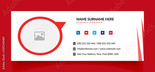 Business email signature with an author photo place modern layout red shape design