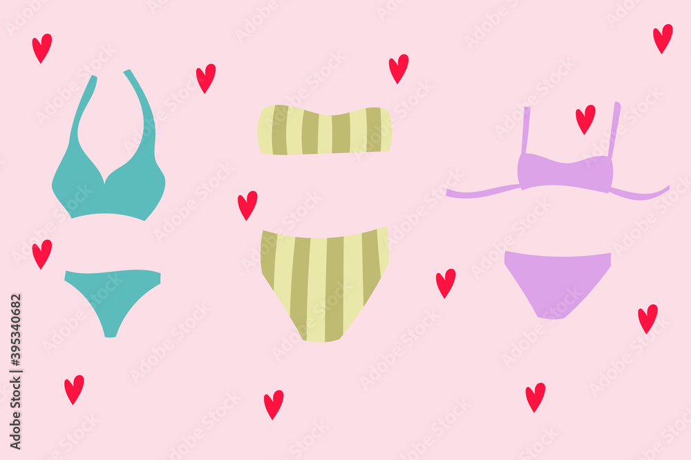 Vector set of female swimsuit on  pink  background with hearts 