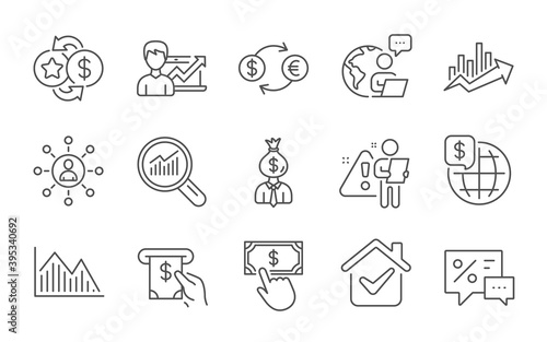 Manager, Networking and World money line icons set. Growth chart, Data analysis and Payment click signs. Loyalty points, Currency exchange and Success business symbols. Line icons set. Vector