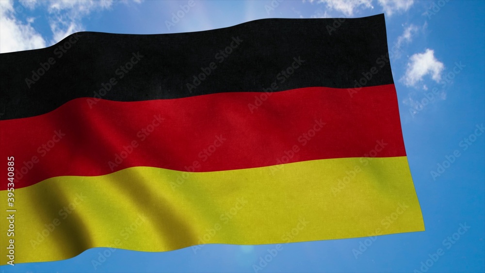 Germany flag waving in the wind, blue sky background. 3d rendering Germany flag waving in the wind, blue sky background. 3d rendering
