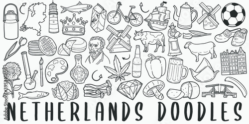 Netherlands doodle icon set. Travel Style Vector illustration collection. Banner Hand drawn Line art style.