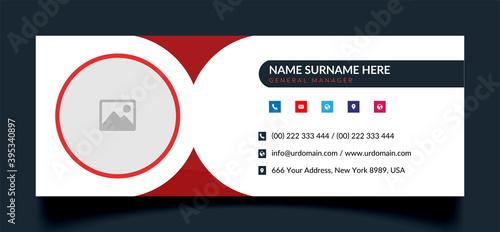 Business email signature template with an author photo place modern layout red shape and white background