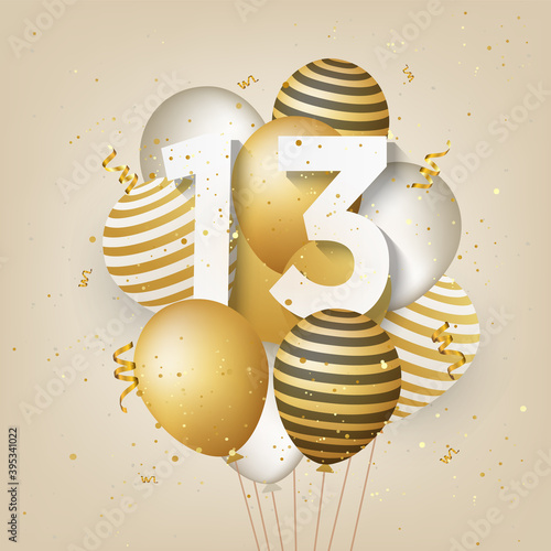 Photography Happy 13th birthday with gold balloons greeting card background