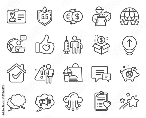 Business icons set. Included icon as Speech bubble, Post package, Cloud storage signs. Piggy sale, Ph neutral, Like hand symbols. Patient history, Comment, Medical vaccination. Swipe up. Vector © blankstock