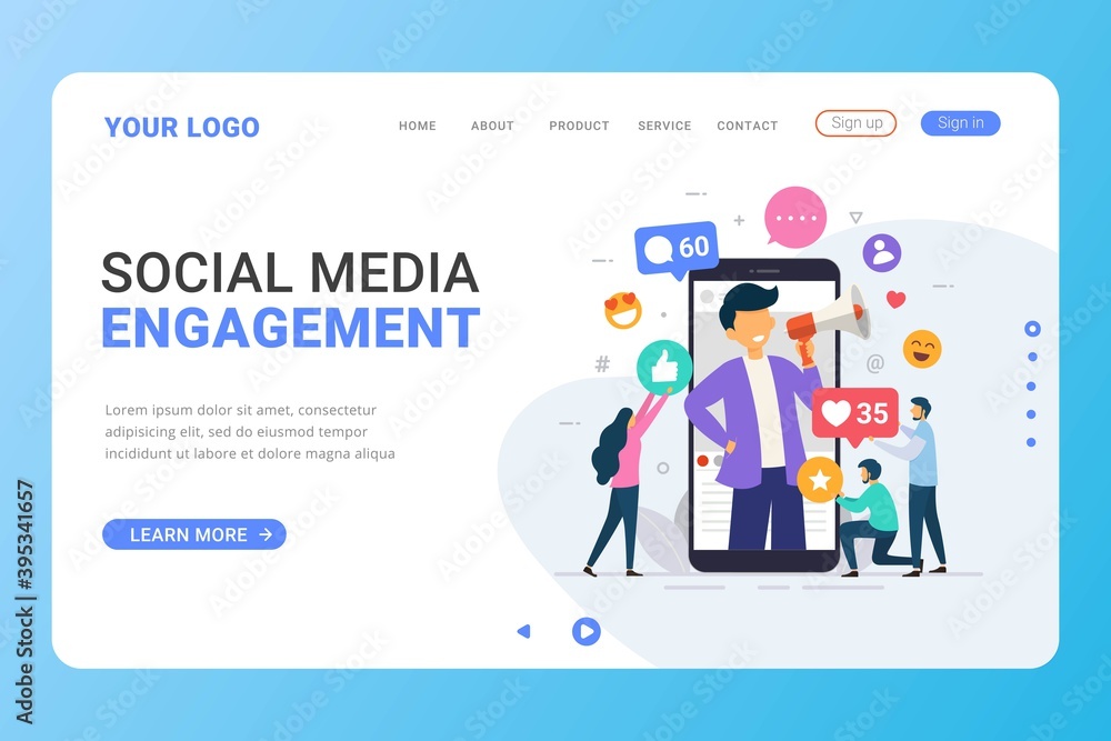 Landing page template social media influencer concept Showing people bringing likes and reactions to account promotion Landing page template social media influencer concept Showing people bringing likes and reactions to account promotion