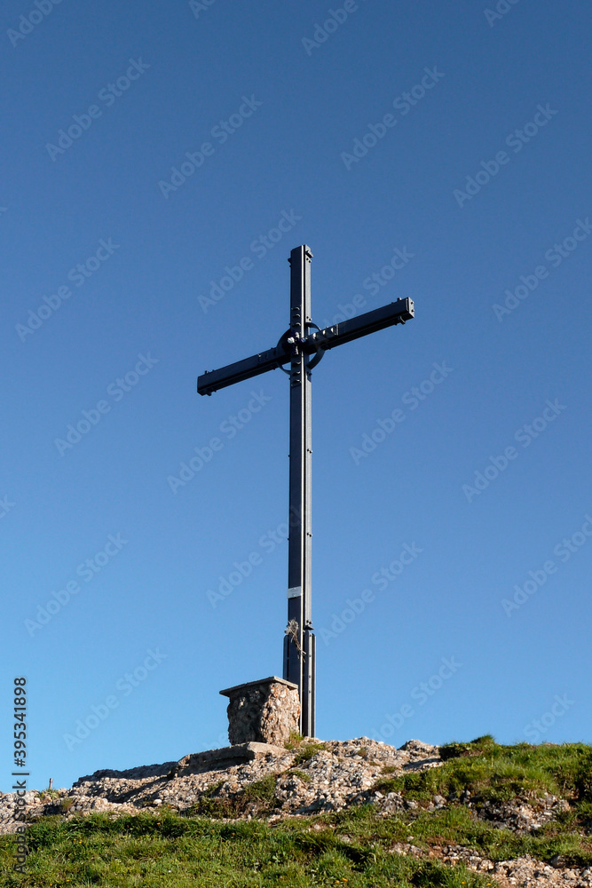 Summit cross of Seelekopf mountain at panorama hiking tour Nagelfluhkette, Bavaria, Germany Summit cross of Seelekopf mountain at panorama hiking tour Nagelfluhkette, Bavaria, Germany