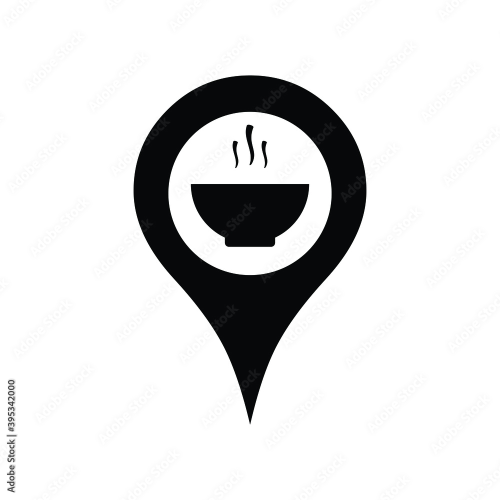Map pin vector icon with hot soup, meal, dish. Marker location icon with restaurant, cafe sign Map pin vector icon with hot soup, meal, dish. Marker location icon with restaurant, cafe sign