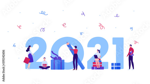 New year celebration concept. Vector flat people illustration. Banner template. Group of man and woman with giftbox  laptop  shopping bag. 2021 text on background.