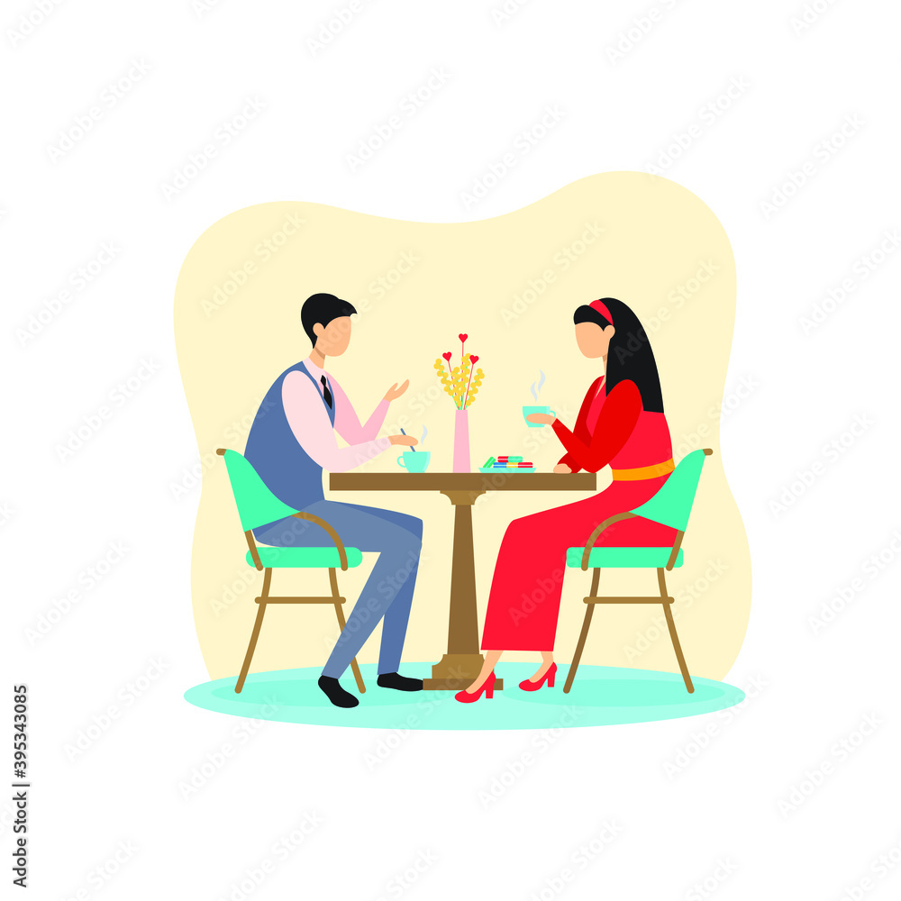 A man and a woman are sitting at a table and drinking tea in a cafe, talking, friends, love. Colored illustration, flat design