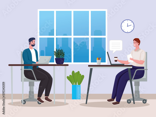 men couple using technology for meeting online in workplace vector illustration design