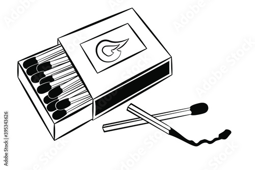 Matchbox and an extinct match. Safety match. Vector image, linear art, black and white image