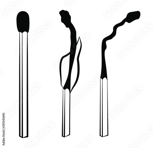 Safe matches. Stages of burning matches. Vector image, linear art, black and white image.