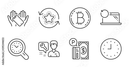 Parking payment, Repairman and Time management line icons set. Smartphone holding, Bitcoin and Recovery laptop signs. Loyalty points, Clock symbols. Quality line icons. Parking payment badge. Vector