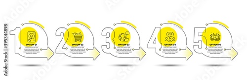 Hdd, Shopping cart and Vip clients line icons set. Timeline process infograph. Arena stadium sign. Hard disk, Gifts, Exclusive privilege. Sport complex. Business set. Vector