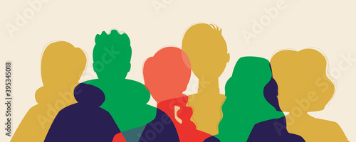 Multicultural society, silhouette isolated as a team, community, vector stock illustration with men and women of different nationality, ethnicity, gender photo