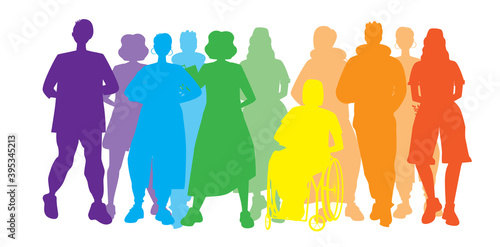 LGBTQ people isolated as homosexuals, vector stock illustration with silhouettes of gay community, disabled person in chair, inclusiveness concept photo