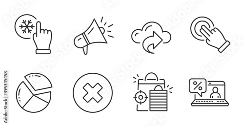 Freezing click, Cloud share and Touchscreen gesture line icons set. Online loan, Pie chart and Close button signs. Megaphone, Seo shopping symbols. Air conditioner, Data sharing, Click hand. Vector