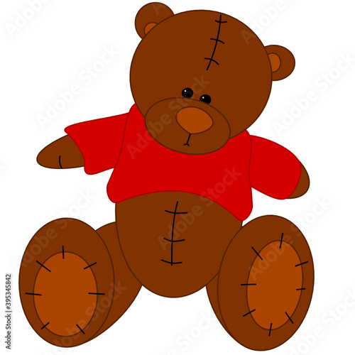 Toy plush brown bear with a sad face, with large stitches on the seams and a red jacket. Teddy bear vector on white background isolated.
