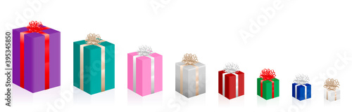 Christmas parcels getting smaller and smaller, colorful set of big and small gift packages, presents, different sizes. Isolated vector illustration on white background.
