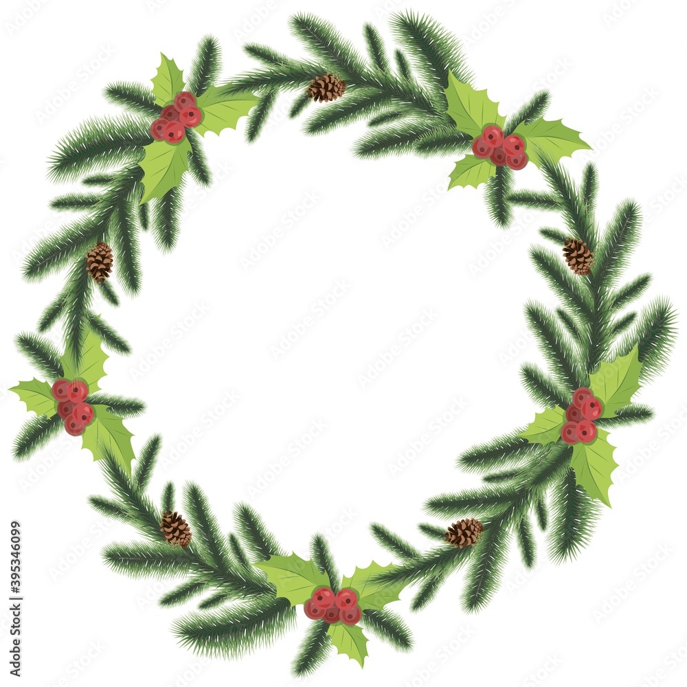 Christmas wreath of spruce branches, cones, mistletoe berries. Christmas decor. Winter holiday celebration. New Year and festive objects, traditional adornments or house decor. Vector illustration. Christmas wreath of spruce branches, cones, mistletoe berries. Christmas decor. Winter holiday celebration. New Year and festive objects, traditional adornments or house decor. Vector illustration.