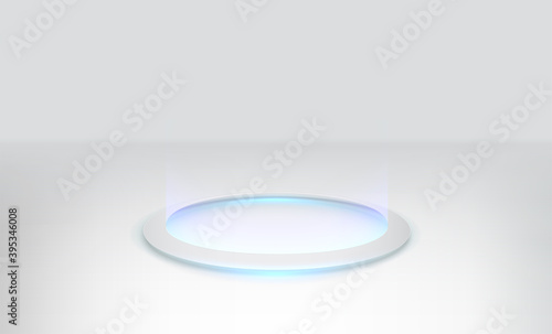 Geometric podium scene minimal, futuristic style mock up. Round glow platform on the floor in white room. Vector product presentation stage pedestal or platform. Technology gaming background.