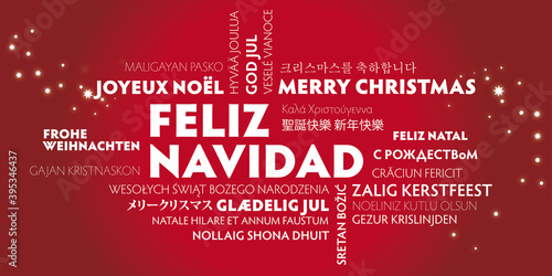 Feliz Navidad, texto en español y traducción a otros idiomas  sobre fondo rojo