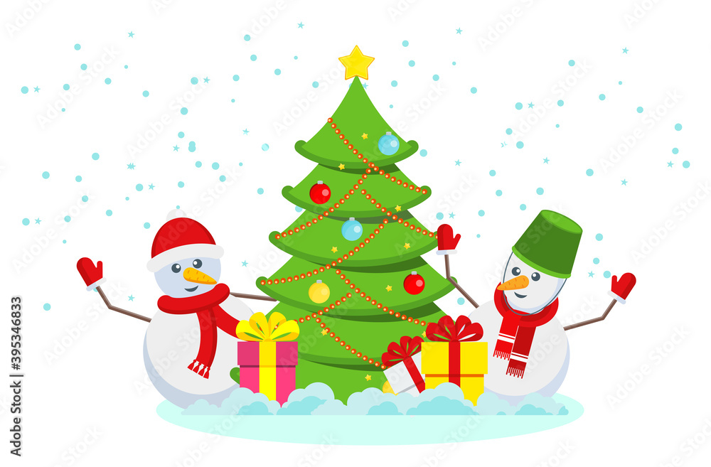 Christmas tree and two funny snowmen flat vector card