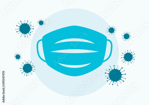 Protective face mask with virus COVID-19 vector illustration. Blue protective face mask simple graphic vector. Medical mask with flu virus silhouette icon. Protective equipment against COVID-19 vector
