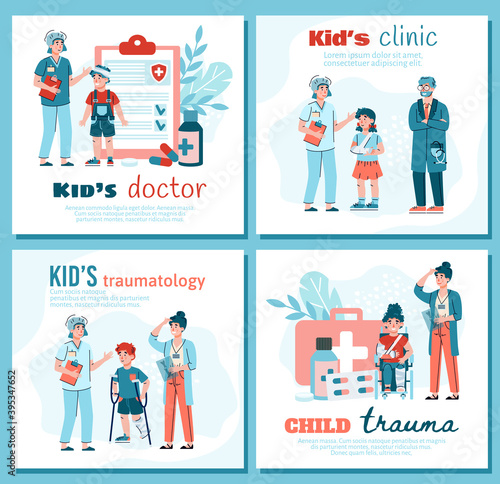 Web banners or posters set for children traumatology clinic and kids doctor, flat cartoon vector illustration. Injured wounded kids characters at doctors appointment.