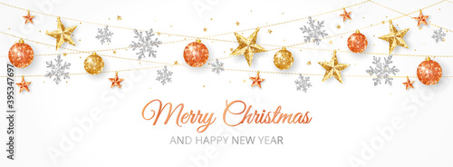 Holiday banner. Christmas glitter decoration on white. Gold, silver and red ornaments. Stars and snowflakes. Festive vector background. For Christmas and New Year cards, headers, party posters.