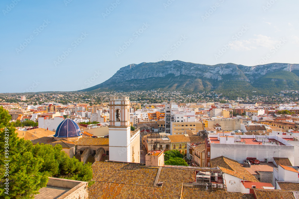 Denia cityscape. Aerial view from the historic moorish castle mirador in the old town that holds the Palau del Governador. Costa Blanca, Alicante province, Valencian community, Spain. 