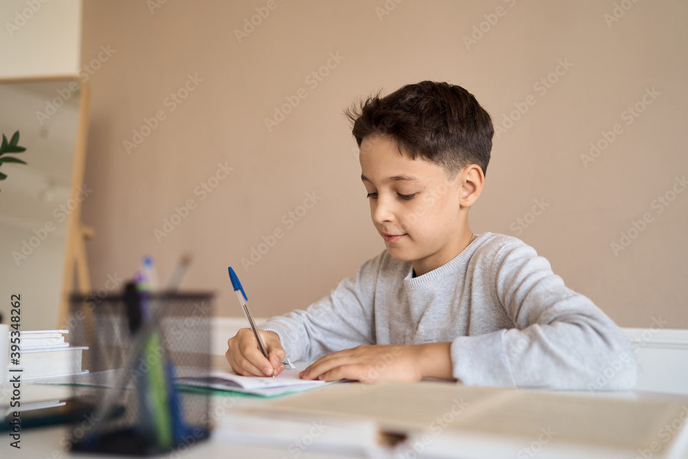 Distance learning online education. A schoolboy boy studies at home and does school homework. A home distance learning. High quality photo Distance learning online education. A schoolboy boy studies at home and does school homework. A home distance learning. High quality photo