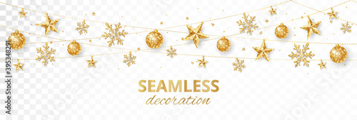 Seamless holiday decoration. Christmas golden glitter border. Festive vector background isolated on white. Gold ornaments, stars and snowflakes garland. For New Year banners, headers, party posters.
