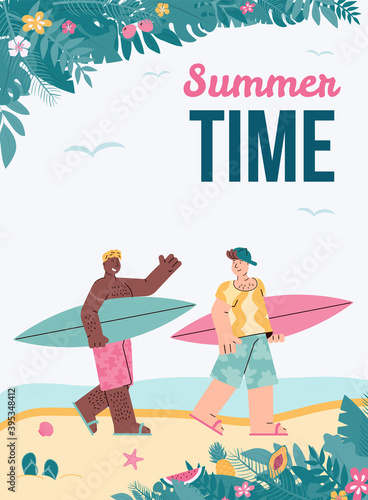 Vector poster or banner advertising tropical sea or ocean resort. Young male friends are enjoying summer time vacation. Surfing and swimming. Sport, leisure, extreme entertainment.