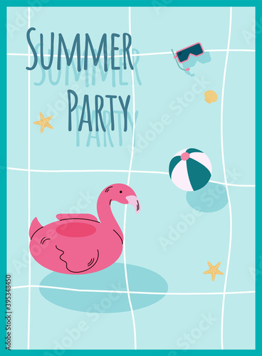 Summer party in swimming pool or on beach. Poster or invitation with an inflatable rubber pink flamingo, toy ball and scuba diving mask in water. Flat cartoon vector illustration